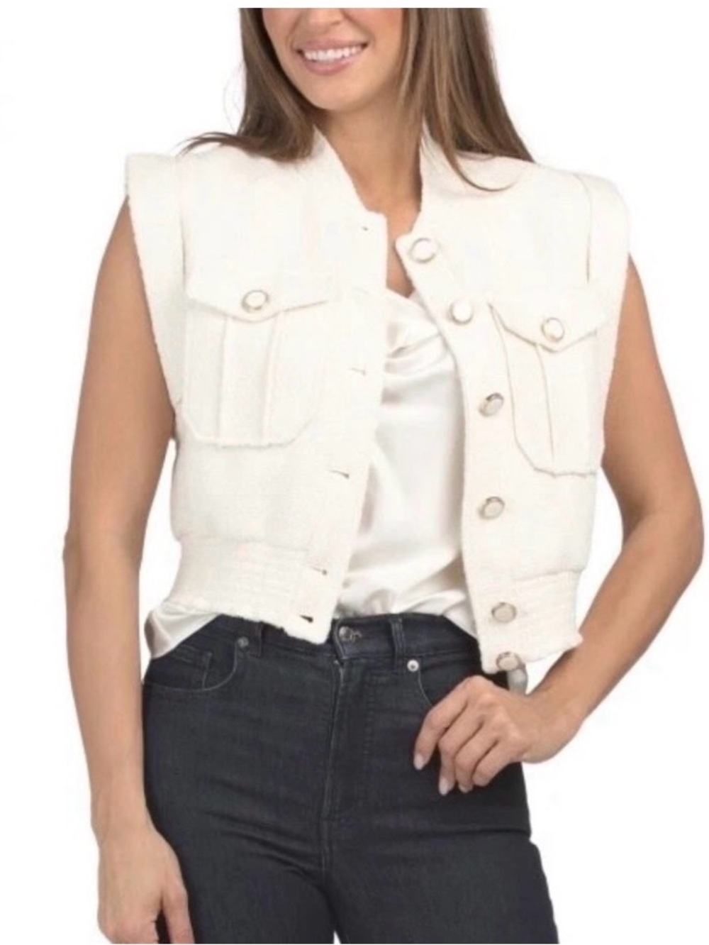 NWT CHRISTIAN LACROIX Sleeveless Tweed Cream Boucle Button-Front Vest SZ S $395